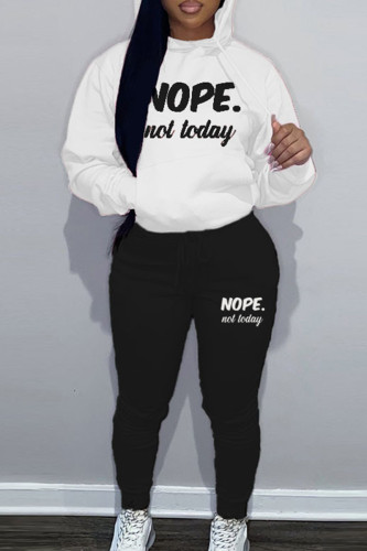 White Black Sportwear Casual Letter Print Hooded Collar Long Sleeve Sweatshirt And Draw String Pants Two Pieces Sweatsuit Sets