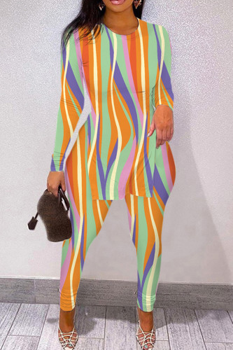 Orange Green Casual Print Slit O Neck Long Sleeve Two Pieces