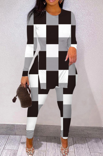 Black Gray Casual Print Slit O Neck Long Sleeve Two Pieces