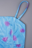 Blauw-paarse skinny jumpsuits met patchwork en spaghettibandjes met straatprint