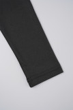 Vestidos de manga larga con cuello oblicuo y pliegue sólido informal negro
