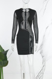 Black Celebrities Solid Patchwork Mesh Hot Drill Zipper O Neck Wrapped Skirt Dresses