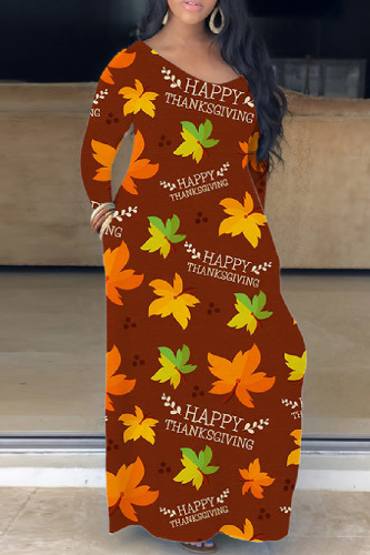 Brown Casual Print Basic V Neck Short Sleeve Dress