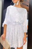 Silver Gray Casual Patchwork Sequins O Neck Long Sleeve Dresses