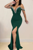Vestido longo verde elegante com borla sólida e costas nuas com abertura alta e alça espaguete