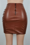 Brown Sexy Solid Patchwork Zipper Skinny Mid Waist Solid Color Bottoms
