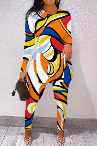 Orange Casual Print Slit O Neck Long Sleeve Two Pieces