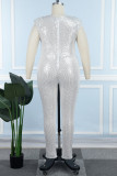 Silver Casual Patchwork Sequins O Neck Plus Size Jumpsuits (Without Belt)