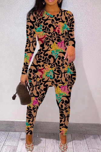 Brown Casual Print Slit O Neck Long Sleeve Two Pieces