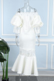White Elegant Solid Lace Hollowed Out Patchwork Off the Shoulder Trumpet Mermaid Dresses