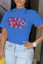 Camisetas cuello en O con letras de patchwork y estampado diario azul real
