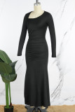 Черные повседневные однотонные платья с косым воротником и длинными рукавами