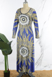 Blue Elegant Print Patchwork O Neck Printed Dress Dresses