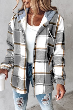 Grey Casual Plaid Patchwork Hooded Collar Outerwear