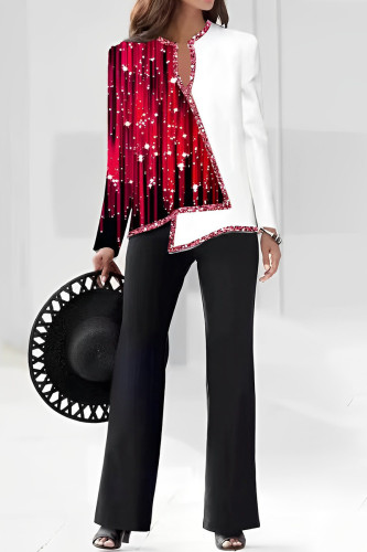 Red Casual Print Patchwork V Neck Long Sleeve Two Pieces
