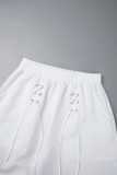 Branco casual sólido retalhos draw string bolso tiras cruzadas em linha reta cintura alta reta cor sólida bottoms