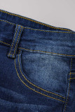 Dark Blue Fashion Casual Solid Ripped High Waist Regular Denim Jeans