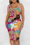 Colour Casual Print Basic U Neck Vest Dress Dresses