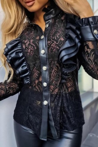 Black Casual Solid Lace Patchwork See-through Shirt Collar Tops