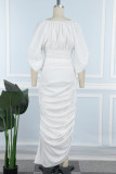Witte straat effen patchwork vouw O-hals lange jurk jurken