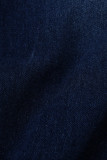 Vaqueros de mezclilla regular de cintura alta rasgados sólidos casuales de moda azul oscuro
