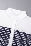 White Casual Print Patchwork Mandarin Collar Shirt Dress Dresses