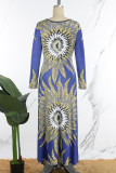 Blauwe elegante print patchwork O-hals bedrukte jurk Jurken