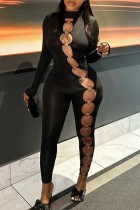 Zwarte sexy casual effen uitgeholde halflange coltrui skinny jumpsuits
