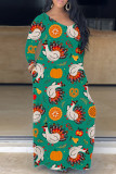 Marinblå Casual Print Basic V-ringad kortärmad klänning