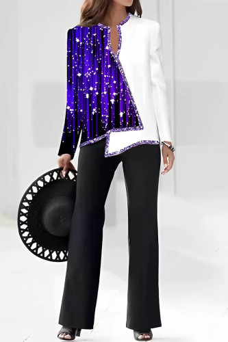 Purple Casual Print Patchwork V Neck Long Sleeve Two Pieces
