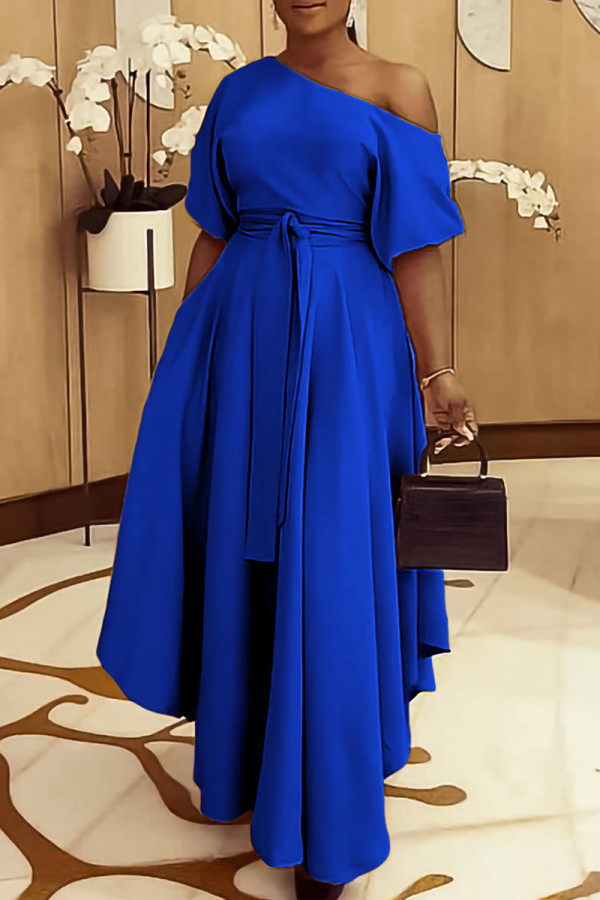 Bleu Royal élégant solide pansement Patchwork col Oblique une ligne robes