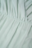 Lichtgroene casual effen patchwork rugloze lange jurk met V-hals