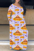 Hellviolettes, legeres, kurzärmliges Basic-Kleid mit V-Ausschnitt und Print
