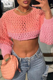 Pink Sexy Solid Ripped Patchwork O Neck Tops