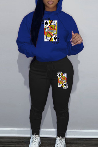 Blue Sportwear Casual Graphics Print Hooded Collar Long Sleeve Sweatshirt And Draw String Pants Two Pieces Sweatsuit Sets