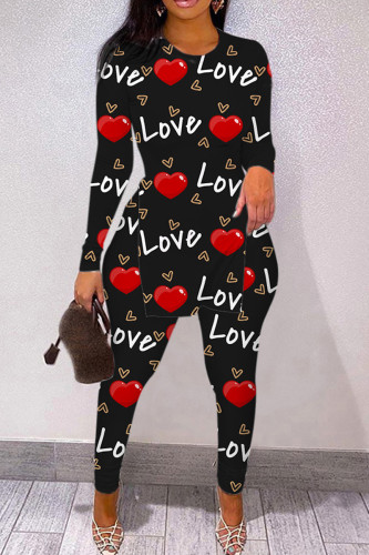 Black Casual Print Slit O Neck Long Sleeve Two Pieces