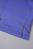 Blaue elegante bedruckte Patchwork-O-Ausschnitt-Kleider