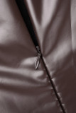 Vestido marrom casual sólido patchwork com fenda e gola O sem mangas (sem luvas)