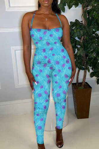 Blue Purple Street Print Patchwork Zipper Spaghetti Strap Skinny Jumpsuits