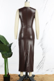 Brown Casual Solid Patchwork Slit O Neck Sleeveless Dress (Without Gloves)