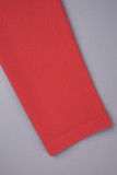 Rouge élégant solide patchwork col en V manches longues deux pièces