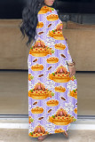 Hellviolettes, legeres, kurzärmliges Basic-Kleid mit V-Ausschnitt und Print
