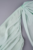 Lichtgroene casual effen patchwork rugloze lange jurk met V-hals