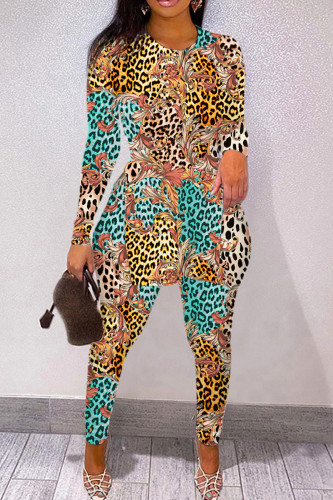 Leopard Print Casual Print Slit O Neck Long Sleeve Two Pieces