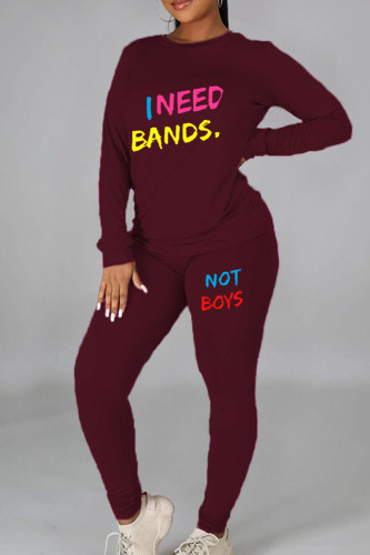 Burgundy Casual Print Patchwork O Neck Long Sleeve Two Pieces