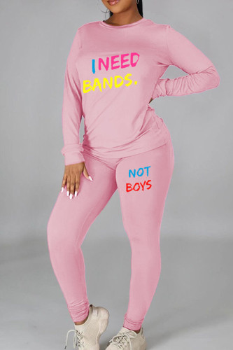 Pink Casual Print Patchwork O Neck Long Sleeve Two Pieces