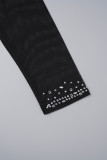Schwarze Promi-Kleider aus solidem Patchwork-Mesh mit Hot-Drill-Reißverschluss, O-Ausschnitt und Wickelrock