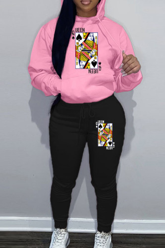 Pink Black Sportwear Casual Graphics Print Hooded Collar Long Sleeve Sweatshirt And Draw String Pants Two Pieces Sweatsuit Sets