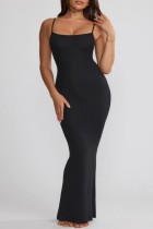 Zwarte sexy casual effen rugloze spaghettibandjes lange jurkjurken