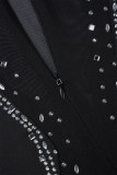 Schwarze Promi-Kleider aus solidem Patchwork-Mesh mit Hot-Drill-Reißverschluss, O-Ausschnitt und Wickelrock